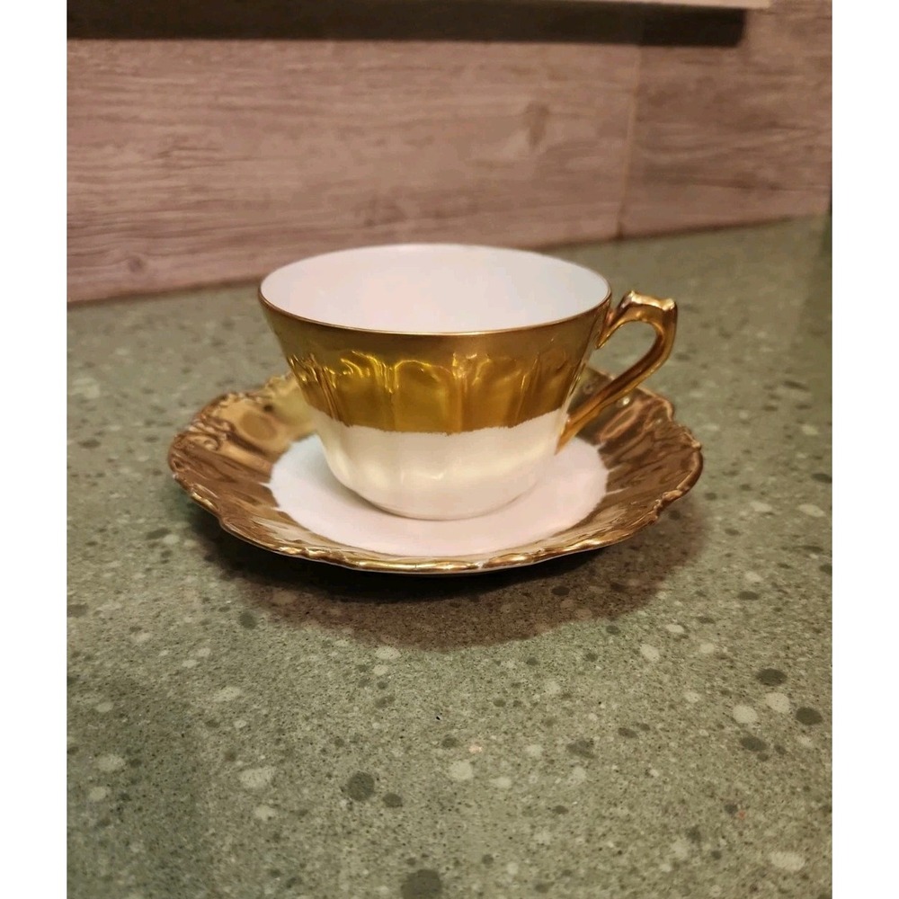 Antique Strauss Limoges Teacup & Saucer Set, Hand Painted White Gold 1920s